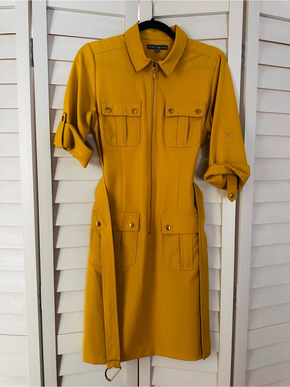 Tahari ASL Mustard Zip-Front Utility Midi Dress